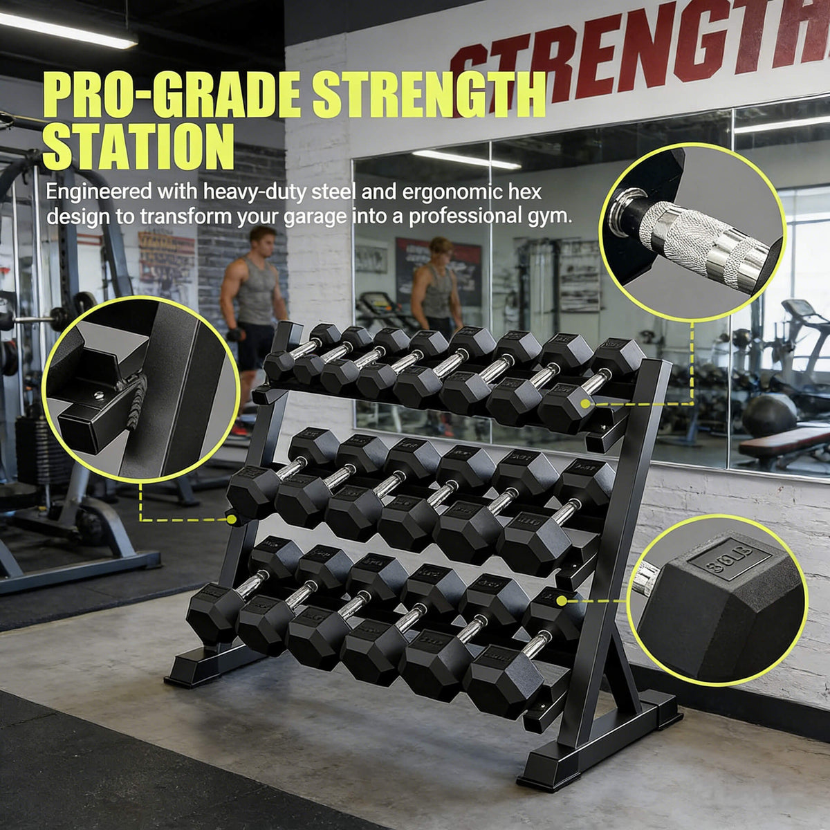 450-Pound Rubber Hex Dumbbell Set with 3-Tier Storage Rack