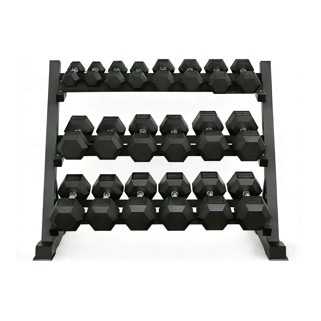 450-Pound Rubber Hex Dumbbell Set with 3-Tier Storage Rack