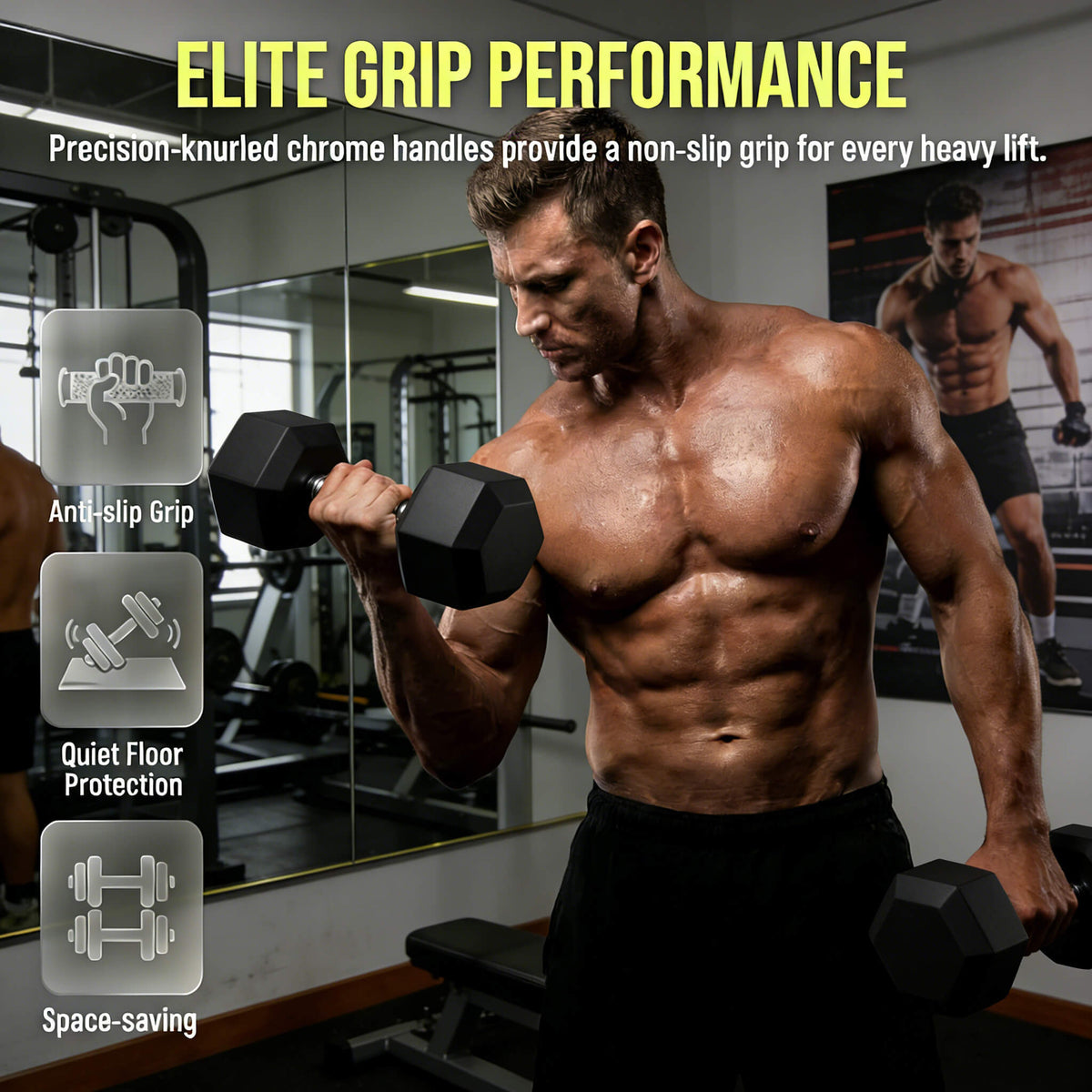 450-Pound Rubber Hex Dumbbell Set with 3-Tier Storage Rack