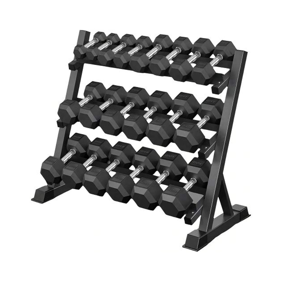 450-Pound Rubber Hex Dumbbell Set with 3-Tier Storage Rack