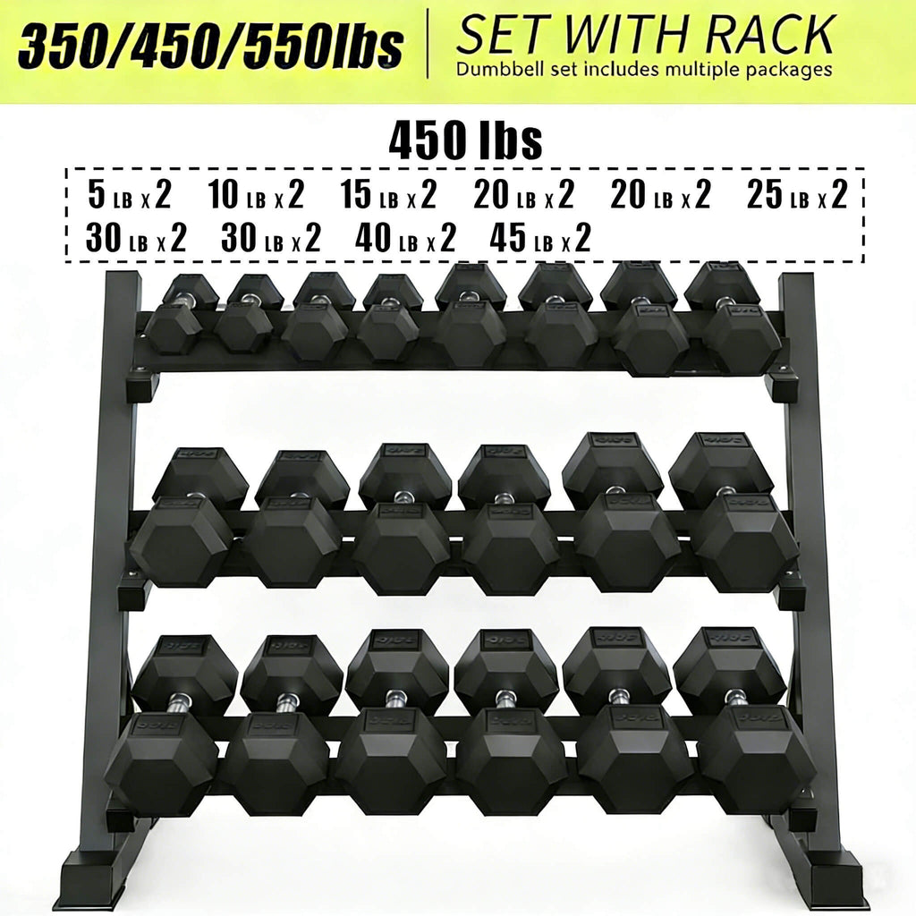 450-Pound Rubber Hex Dumbbell Set with 3-Tier Storage Rack