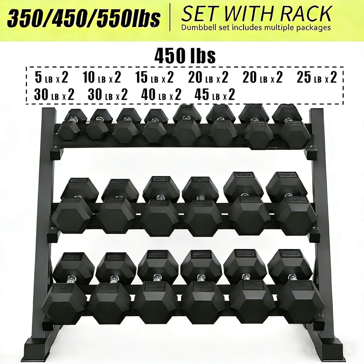 450-Pound Rubber Hex Dumbbell Set with 3-Tier Storage Rack