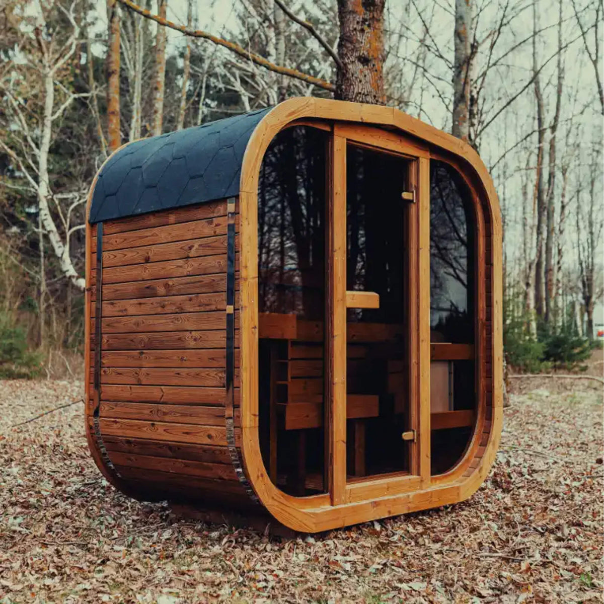Premium 3-Person Outdoor Scandinavian ThermoWood Cube Sauna Kit with LED Lighting